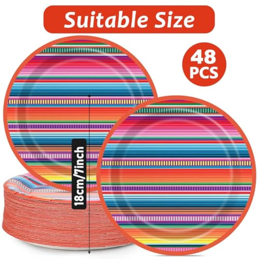 48Pcs Mexican Serape Fiesta Paper Plates Fiesta Party Decorations Taco Plates Disposable Supplies 7" Mayo Dessert Platters Mexico Stripes Decor For Dance Pinata Colorful Ponchos Cook Dinner Tableware