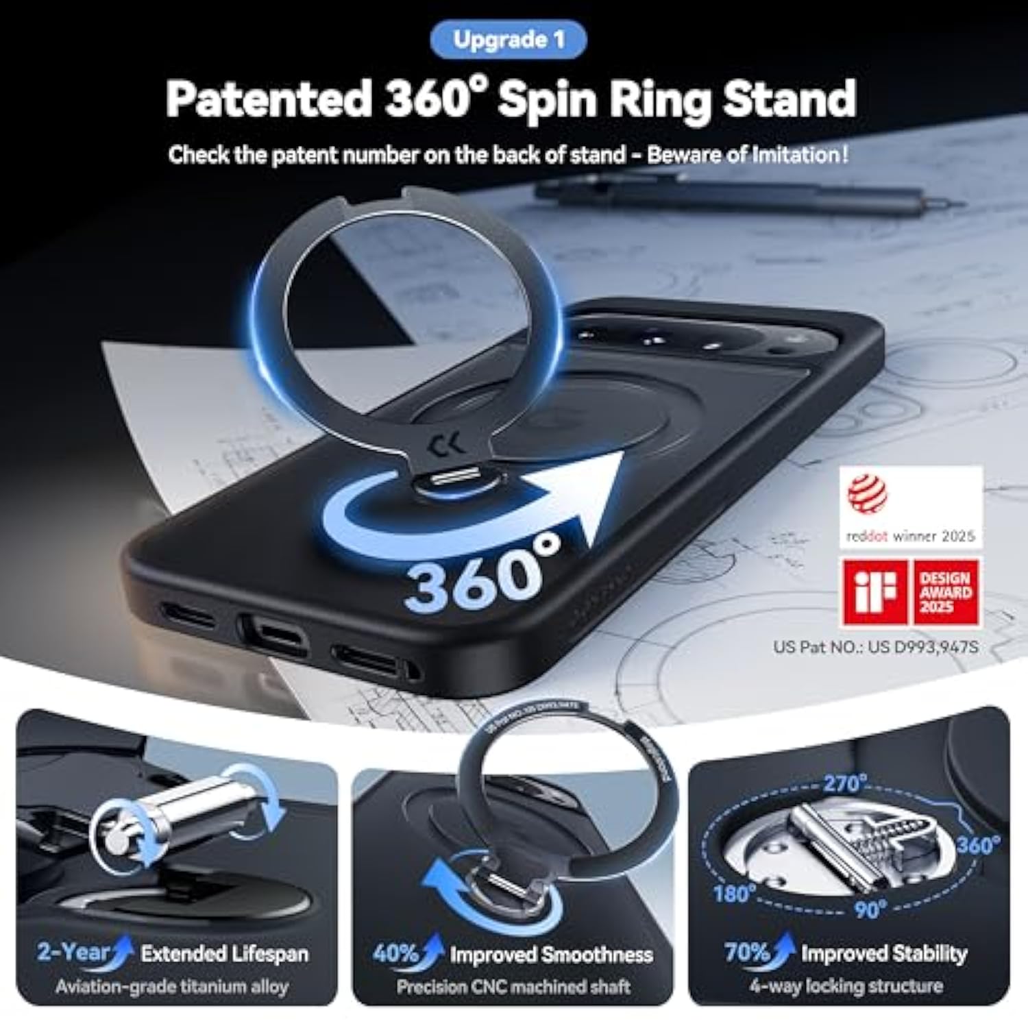Patented 360 Spin Magnetic Ring Stand For Google Pixel 10 Pro Xl Case [Fit For Pixelsnap & Magsafe] [16Ft Military-Grade Protection] Matte Rugged Slim Pixel 10 Pro Xl Case 6.8'', Black
