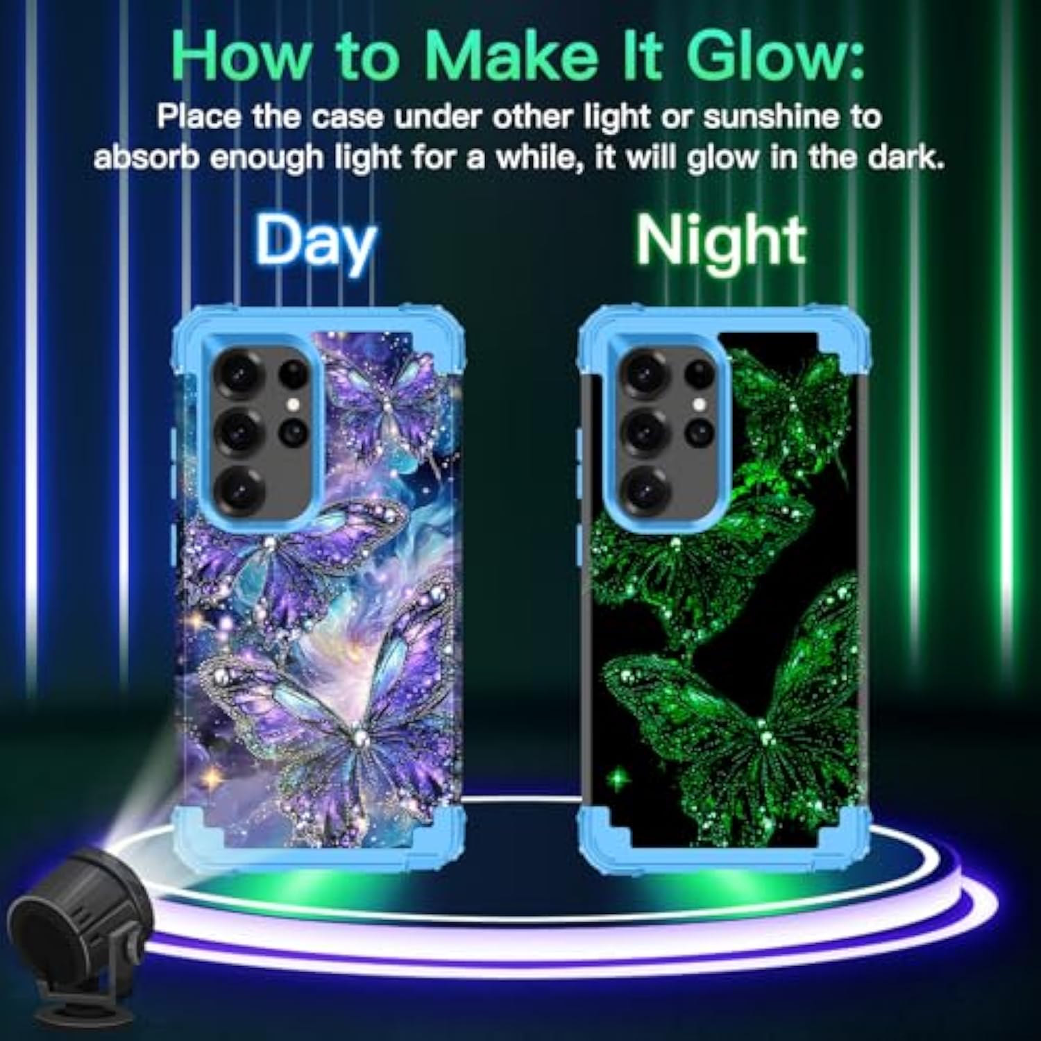 For Galaxy S25 Ultra Case Glow In The Dark Three Layer Heavy Duty Shockproof Hard Pc+Soft Silicone Rugged Full Body Protective Case For Women Girls,Purple Blue