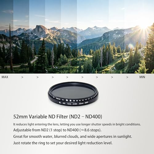 Magnetic 52mm Variable ND Filter for iPhone, ND2-400 Adjustable Filter for Smartphone, Neutral Density Lens with Foldable Stand Compatible with