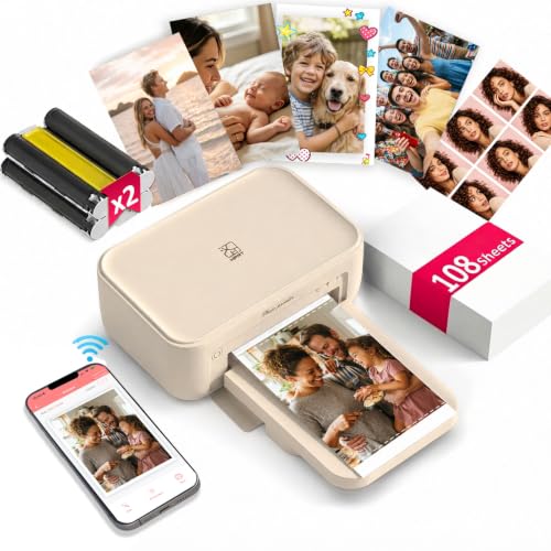 4X6 Photo Printer, Cp4100 Instant Photo Printer For Iphone & Android With 108 Sheets & 2 Cartridges, Wireless Portable Picture Printer, 300Dpi Thermal Dye Sublimation, Beige