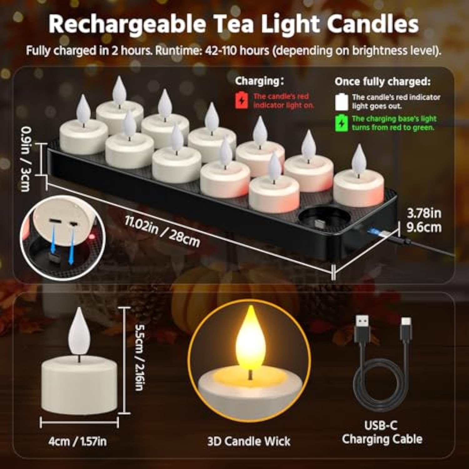 Rechargeable Tea Lights Candles With Charger Storage Base, 12 Pack Battery Operated Led Flameless Tealight Candles With Remote Timer For General Fireplace Halloween Pumpkins Christmas Party Decor