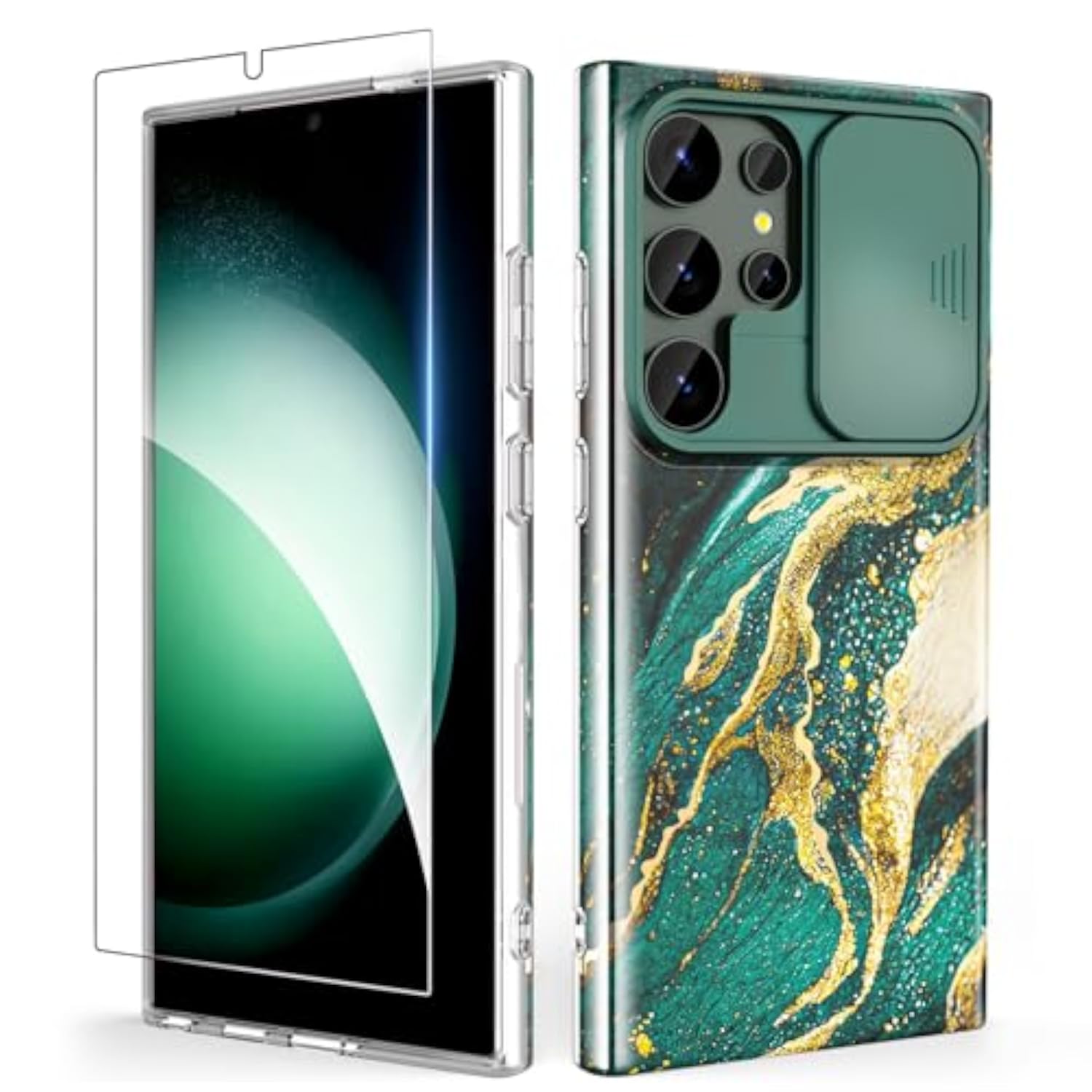 Samsung Galaxy S24 Ultra Case with Slide Camera Cover & Screen Protector, Anti-Yellowing Chic Pattern Design, Shockproof Anti-Scratch Slim Thin Phone Cover S24 Ultra 6.8'' Dream Green