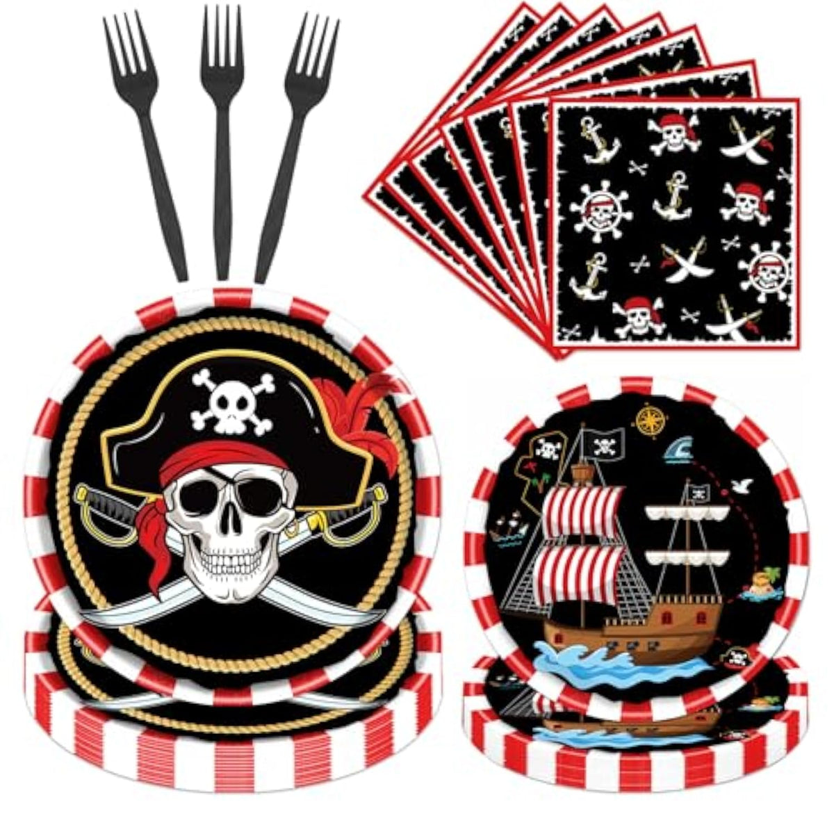 Pirate Party Tableware Decorations, 96Pcs Disposable Plates And Napkins Set Supplies For Boys Girls, Pirate Theme Birthday Baby Shower Supplies Serve 24
