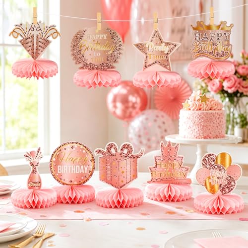 9 Pcs Birthday Table Decorations, Happy Birthday Centerpiece Decorations, Rose Gold 3D Honeycomb Table Centerpiece with Glitter Accent, Easy Assemble Party Decor for Birthday Theme