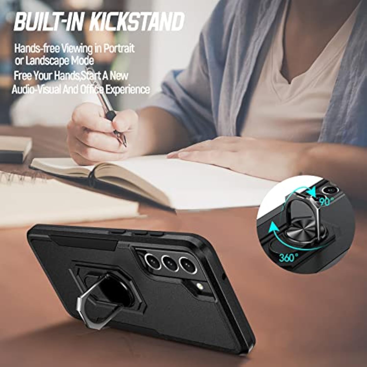 For Samsung Galaxy S21 Fe Case, Heavy Duty Grade Shockproof Case With Kickstand & Tempered Glass Screen Protector, Supports Magnetic Car Mount (Black)