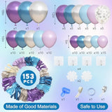 153Pcs Blue Purple Balloon Garland Arch Kit, Different Sizes 18 12 10 5 Inch Blue Purple Pearlescent Metallic Confetti Snow Balloons For Princess Winter Wonderland Girl Baby Party Decorations