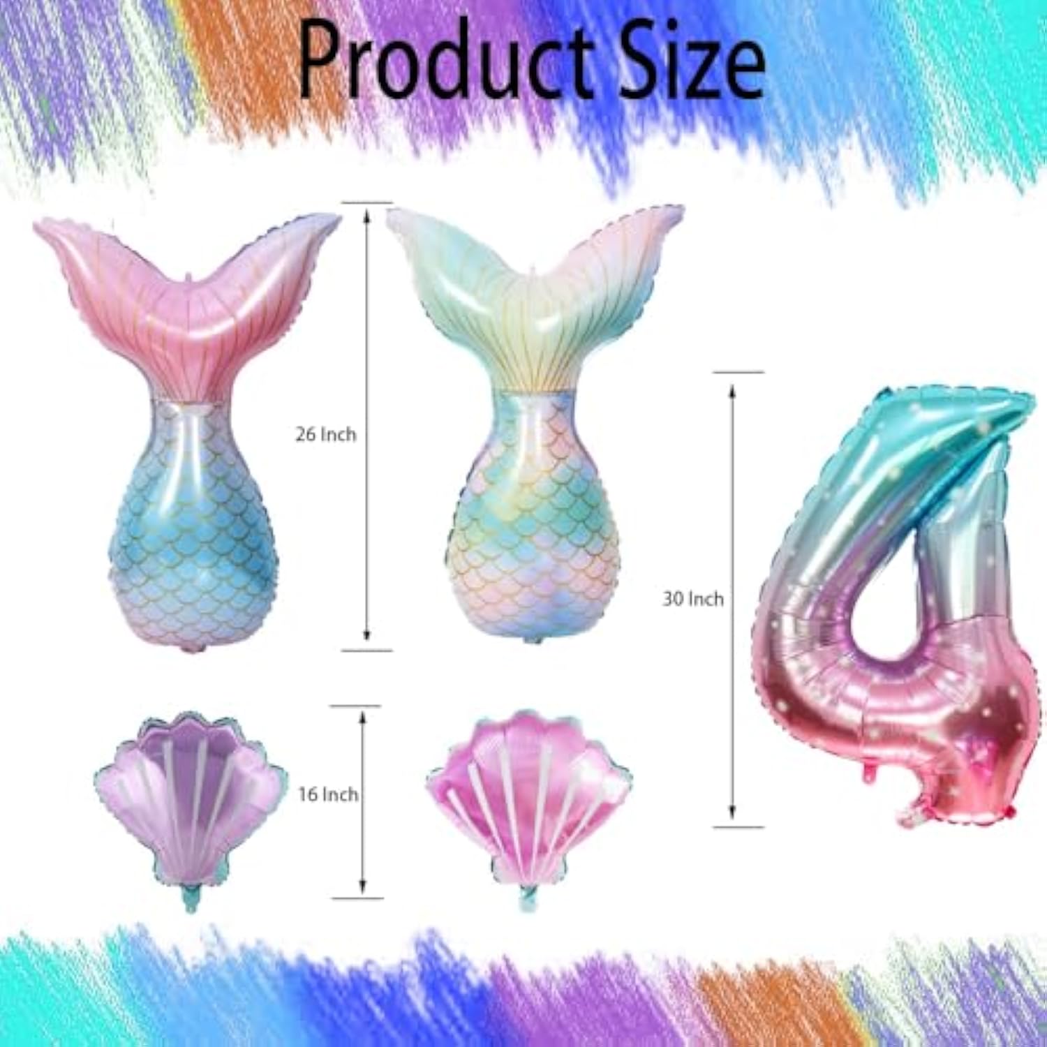 Mermaid Birthday Party Decor, Blue Pink Purple Mermaid Party Supplies Set For Girl, Mermaid Tail Shell Balloons Number 4 Balloon 32Inch With Happy Birthday Banner Kit, 4Th Girl Bady Decor