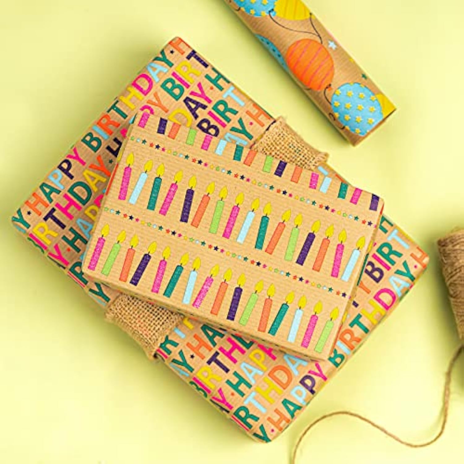 4 Rolls Kraft Birthday Wrapping Paper, 17"x10' Each, Colorful Design