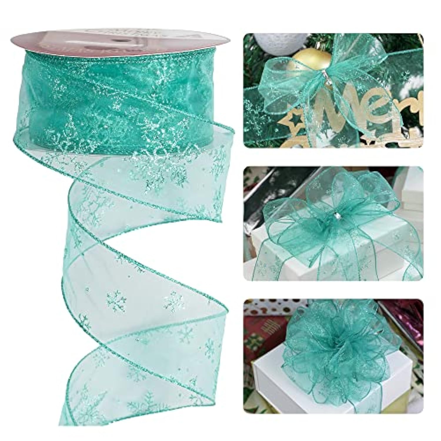 Snowflake Sheer Wired Teal Ribbon For Christmas Tree - 50 Yards, Top Bows, Garland, Gift Wrapping, Wreaths - 2.5