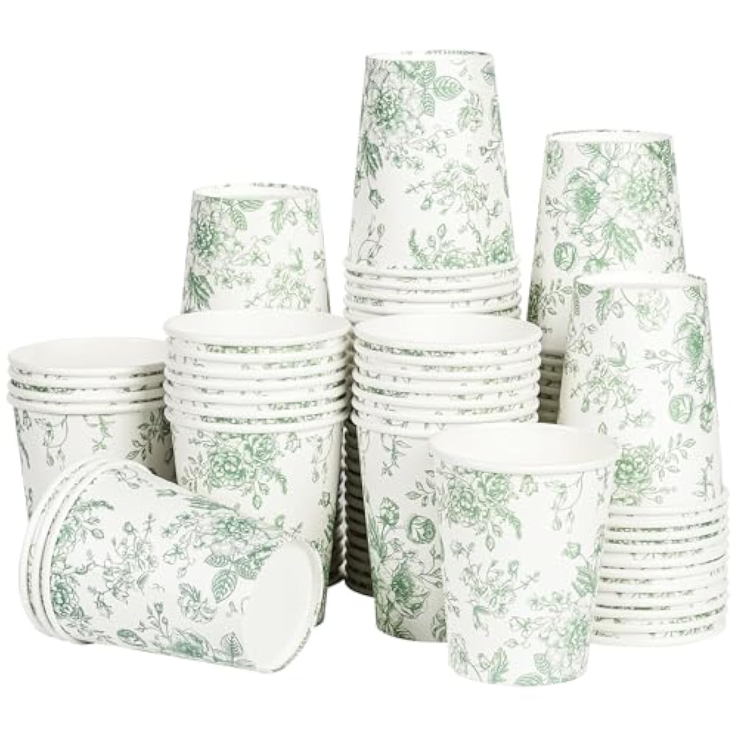 100Pcs Floral Paper Cups Sage Green Flowers Paper Cups 9Oz Disposable Green And White Toile Chinoiserie Drinking Cups For Bridal Baby Shower Birthday Party Supplies