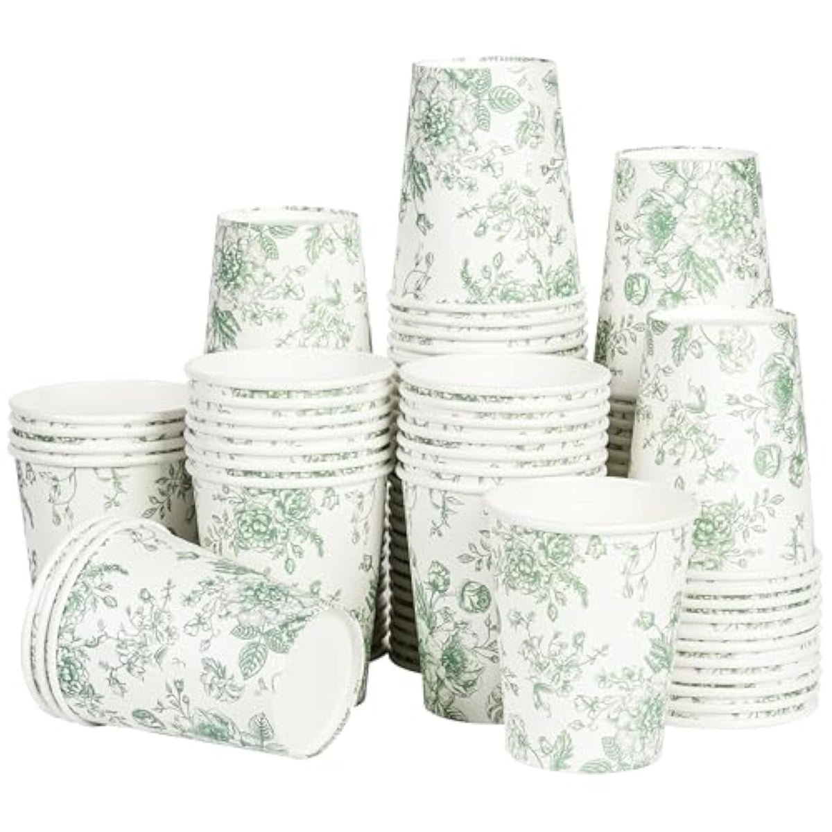 100Pcs Floral Paper Cups Sage Green Flowers Paper Cups 9Oz Disposable Green And White Toile Chinoiserie Drinking Cups For Bridal Baby Shower Birthday Party Supplies