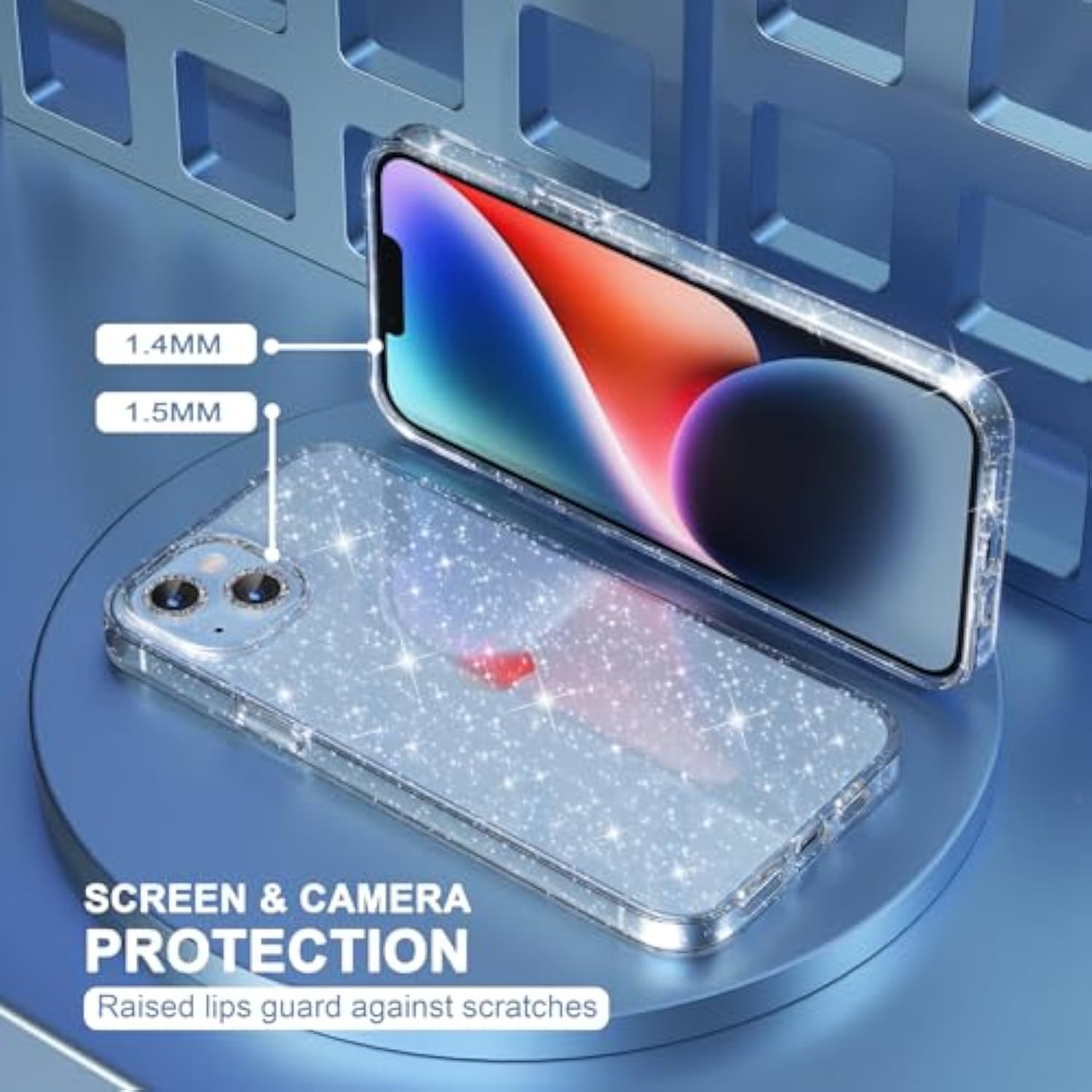 Compatible For 14 Plus Case Cute, Women Clear Glitter Bling Sparkly Case, [2 X Diamond Camera Lens Protectors] [2 X Tempered Glass Screen Protectors] 6.7-Inch (Glitter Clear)