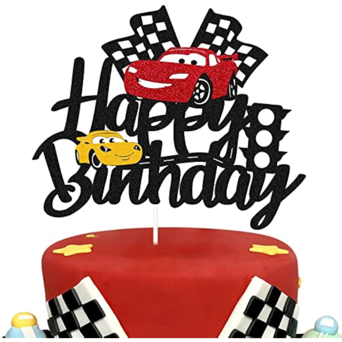 Car Cake Topper Race Car Cake Decorations For Racing Car Checkered Flag Themed Kids Boy Girl Happy Birthday Party Supplies Double Sided