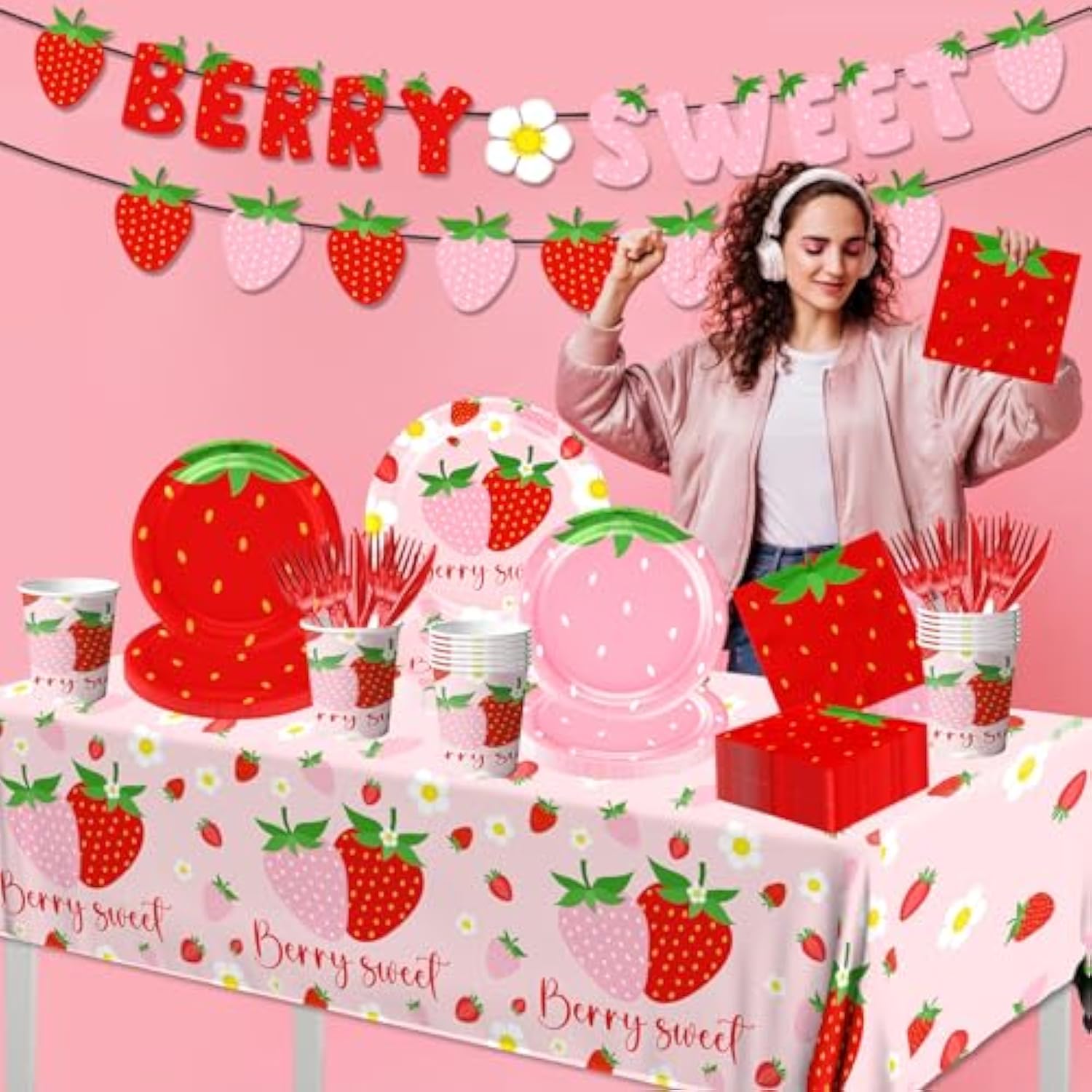Strawberry Party Decorations,Strawberry Theme Birthday Party Tableware Set A Berry Sweet Baby Plates Napkins Cups For Berry First Birthday Party Supplies,Strawberry Baby Shower