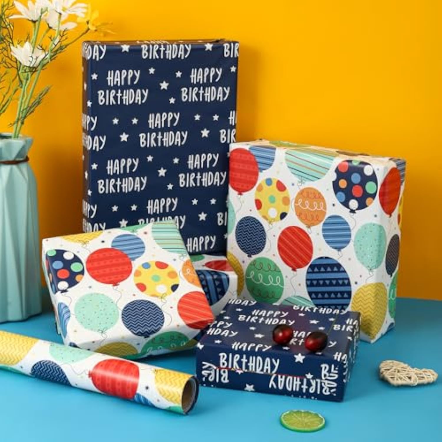 Reversible Birthday Wrap Roll – Balloons & Stars for All Ages Parties