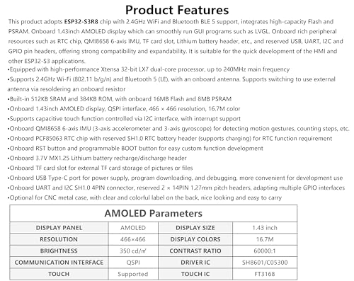 Esp32-S3 1.43Inch Amoled Display Development Board, 466X466 Resolution 16.7M Color Qspi Interface, Esp32 With Capacitive Touch Amoled Round Lcd, Support 2.4 Ghz Wi-Fi And Ble 5, With Cnc Metal Case