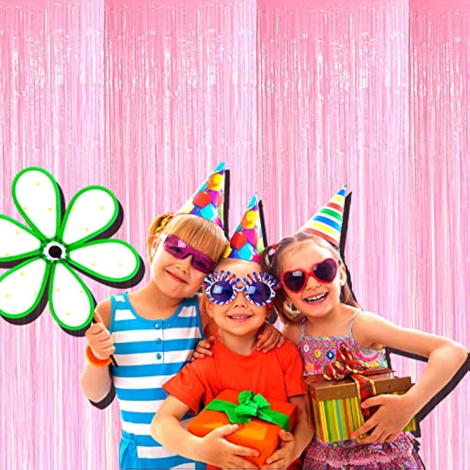 4-Pack Macaron Pink Foil Fringe Curtains 3.28x8.2 ft for Party and Photo Booth Decor