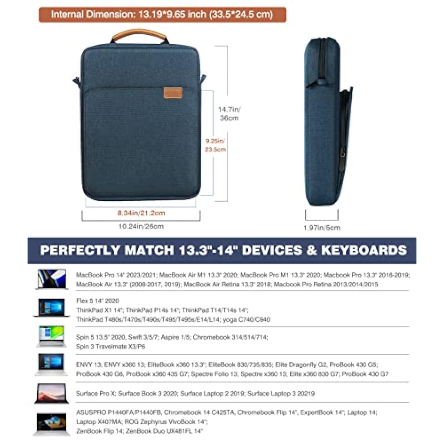 MoKo 13.3-14 Inch Laptop Sleeve Bag Fits Macbook Pro 13" M2 2022/Pro M1 Pro/M1 Max 14.2 2021, Macbook Air 13.6" M2 2022, Tab S8 Ultra 14.6", Handle Carrying Case with Shoulder Strap, Indigo