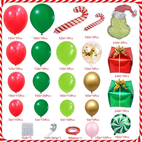 Christmas Balloon Garland Arch Kit with Xmas Pink Red Green Gold Confetti Balloons Candy Cane Gift Box Foil Balloons for Christmas New Year Birthday Party Decorations