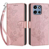Designed For Motorola Moto G 5G 2025 Case Wallet,Women Flip Folio Cover With Embossed Pu Leather Stand Credit Card Holders Slots Wrist Strap Phone Case For Motorola Moto G 2025 (Rose Gold Butterfly)