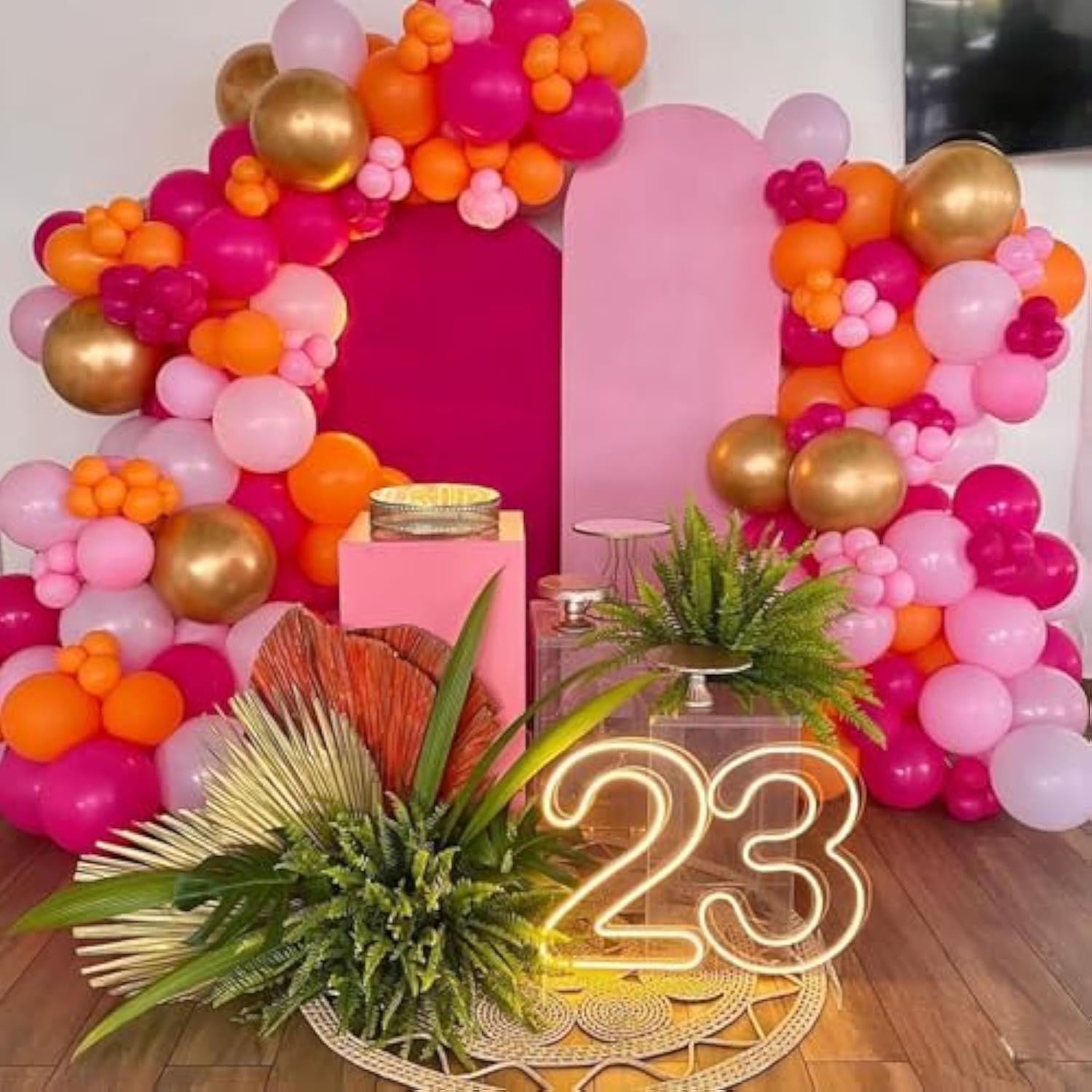 162Pcs Hot Pink Balloons Arch Garland Kit Pink Orange Gold Metallic Pastel Pink Party Balloons For Baby Shower Birthday Wedding Party Decorations (Pink Orange Gold)