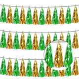 3P Sage-Green Gold Tassel Banner Garland Metallic Foil Fringe Banner Tinsel Tassels Streamer Banner Backdrop For Parade Floats, Graduation Decorations, Woodland Party Decoration
