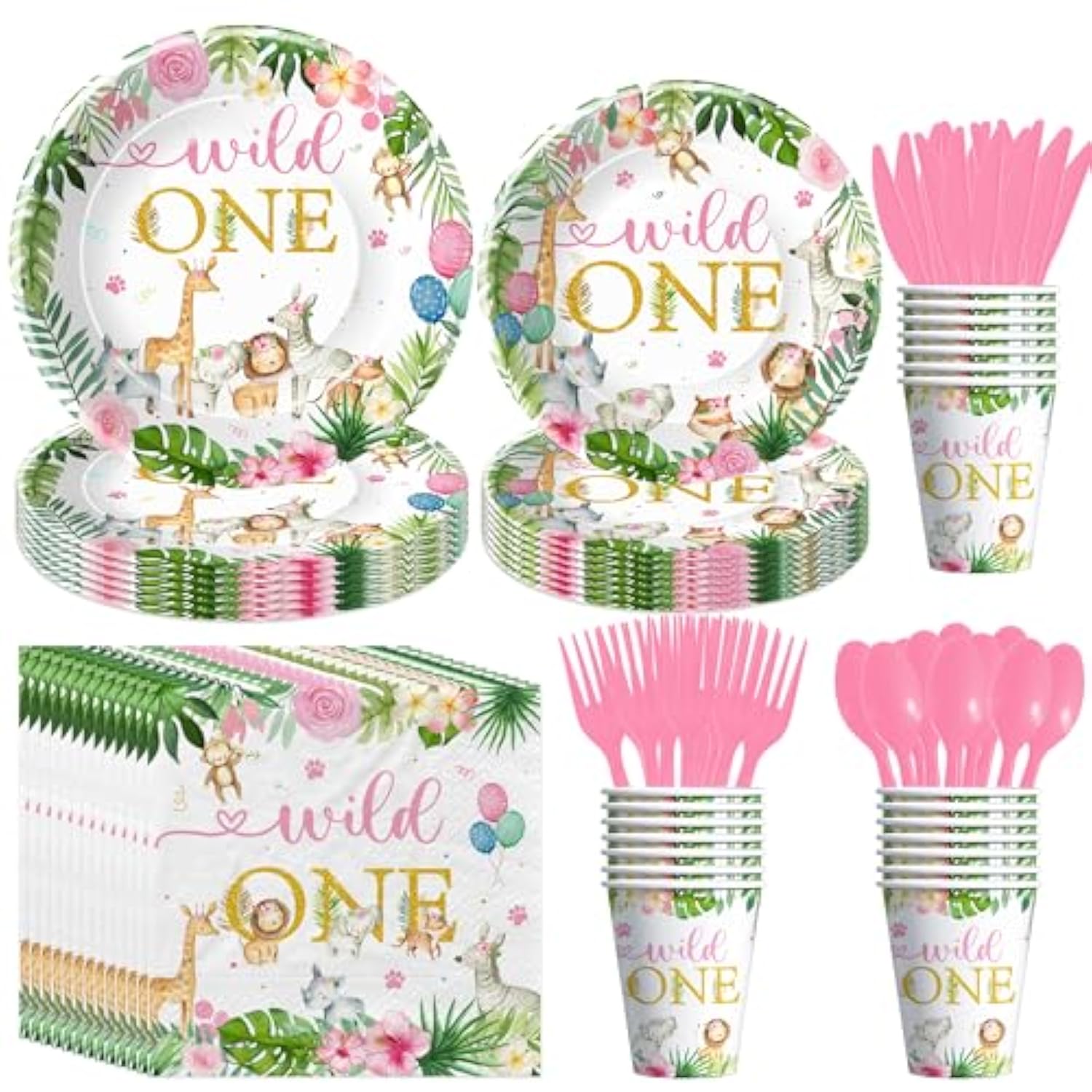 Wild One Birthday Decorations Girl Tableware - Disposable Jungle Safari First Birthday Decorations, Paper Plate, Napkin, Cup, Cutlery, Jungle Animal Theme Wild One Party Supplies | 24 Guests
