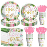 Wild One Birthday Decorations Girl Tableware - Disposable Jungle Safari First Birthday Decorations, Paper Plate, Napkin, Cup, Cutlery, Jungle Animal Theme Wild One Party Supplies | 24 Guests