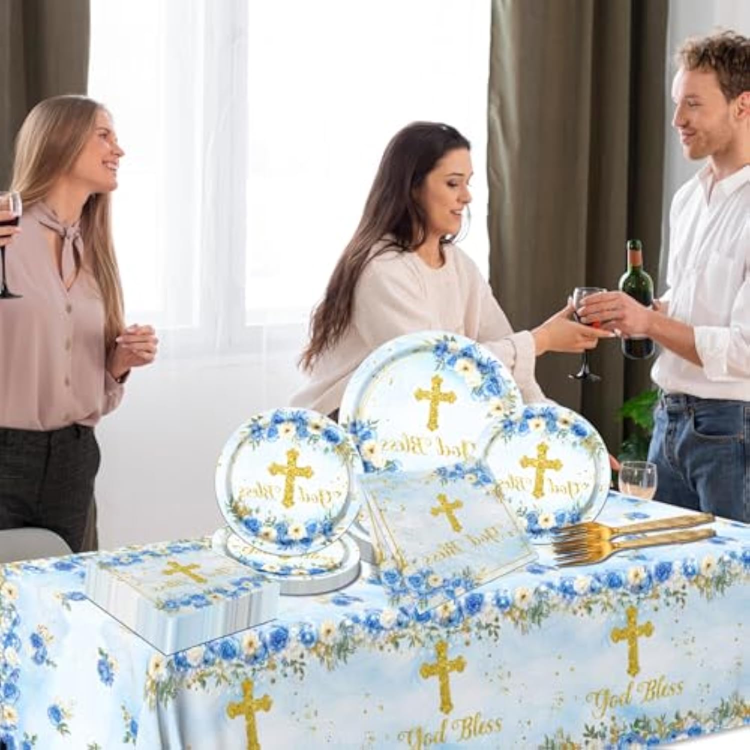 God Bless Plates And Napkins Baptism First Holy Communion Party Tableware Decorations For Boy Christening Ceremony Newborn Theme Disposable Plates,Tablecloth,Napkins And Forks