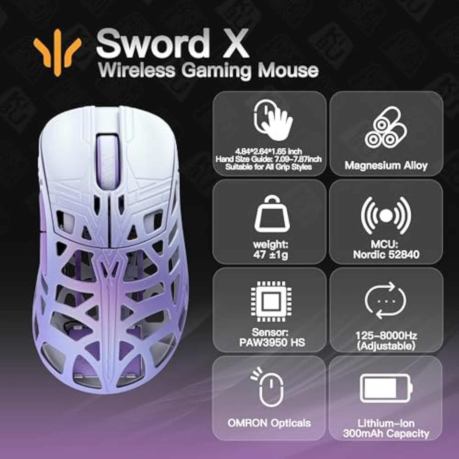 Wlmouse Sword X Lightweight Magnesium Alloy Wireless Gaming Mouse - 8Khz Polling Rate, Paw3950 Hs Sensor, 50-30000 Dpi, Om & Ttc Switches (Om Opticals, White&Purple)