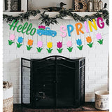 Glitter Hello Spring Banner With Tulip Truck Signs And Colorful Glittery Tulips Banner Hello Spring Flowers Garland Easter Birthday Party Fireplace Mantle Decorations