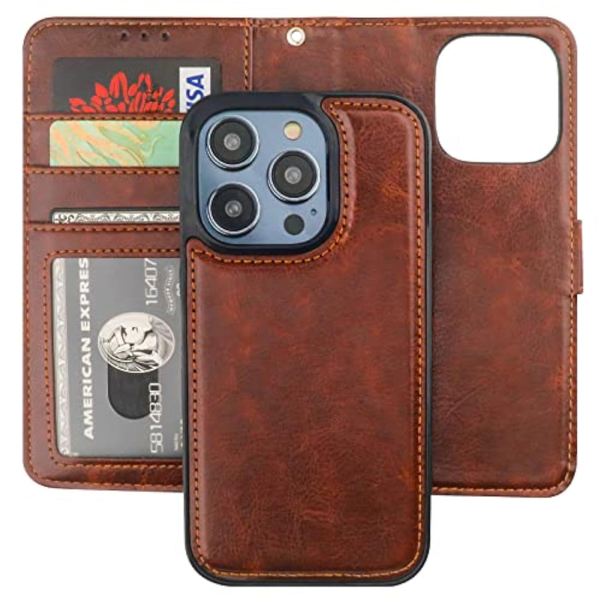 Detachable Wallet Case For Iphone 14 Pro Rfid Blocking Card Slots Holder Premium Pu Leather Magnetic Kickstand Shockproof Wrist Strap Removable Flip Protective Cover 5G 6.1 Inch (Brown)