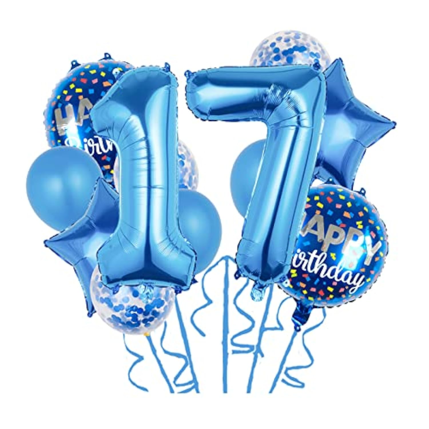 11 Pc Blue 17th Birthday Foil Balloons & Confetti Balloon Set for Kids Party Decor
