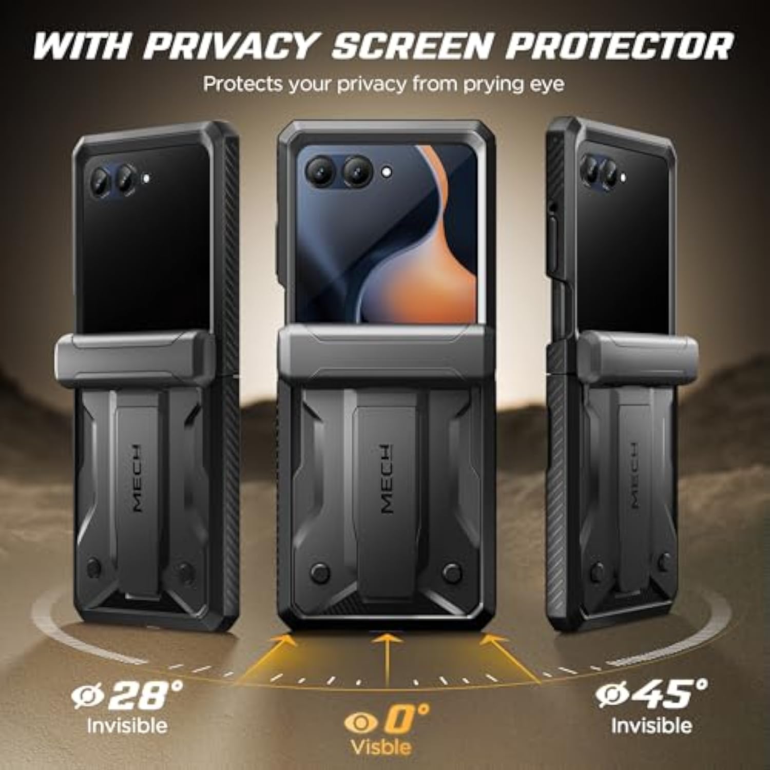 For Motorola Razr 2025/Razr 2024 Case With Privacy Screen Protector, [Stand & Belt-Clip] [Hinge Protection Cover] [Anti-Slip], Full-Body Military Grade Protective Phone Case, Black