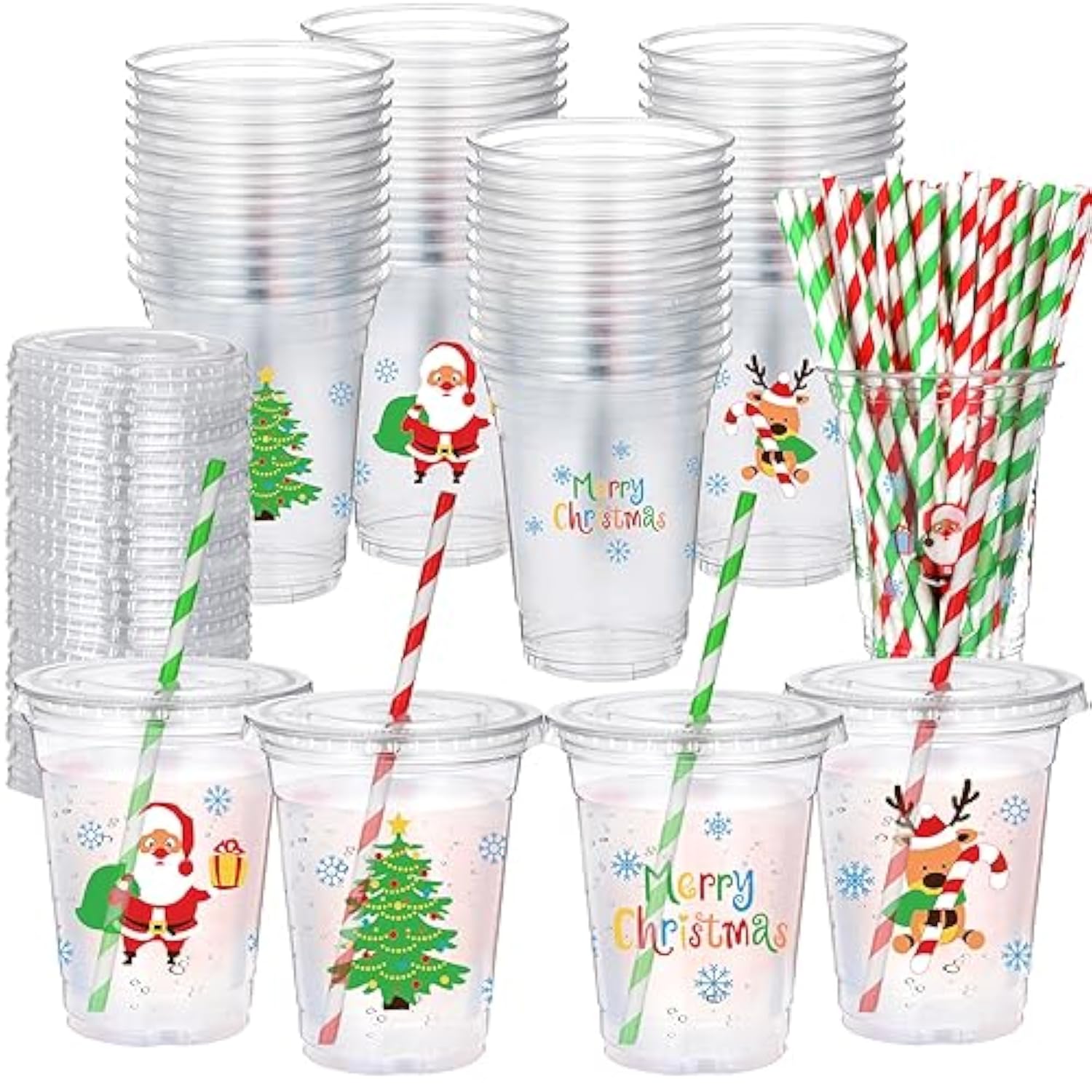 50 Sets Christmas Disposable Plastic Cups With Lids And Paper Straws 16 Oz Merry Christmas Clear Cold Beverage Drinking Cups For Xmas Holiday Party Supplies