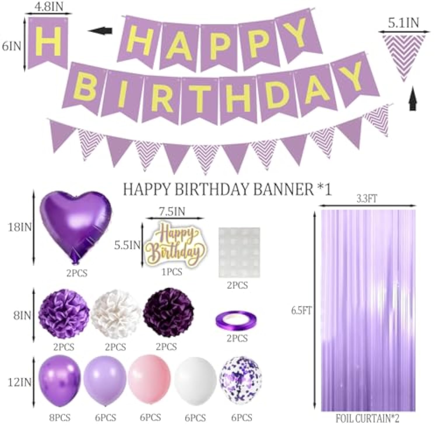 Purple Birthday Party Decorations, Happy Birthday Banner, Fringe Curtain, Star-Shaped Foil Confetti Balloons, Girl Woman 13Th 16Th 18Th 20Th 30Th 40Th 50Th 60Th Birthday Decorations (Purple)