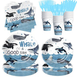 Whale Party Decorations Tableware For Birthday Baby Shower - Under The Sea Theme Ocean Whale Birthday Party Supplies, Paper Plate, Napkin, Cup, Cutlery | Serves 24