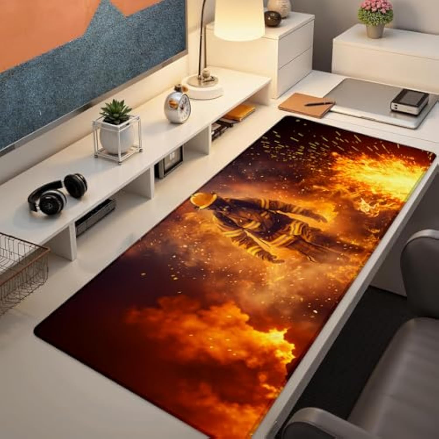 Heroic Firefighter Gaming Mouse Pad, Large Office Desktop Intense Fire Design Mousepad For Computer Laptop, Extended Work Desk Mat With Anti-Slip Base, Decorative Desk Pad 31.5×11.8 In