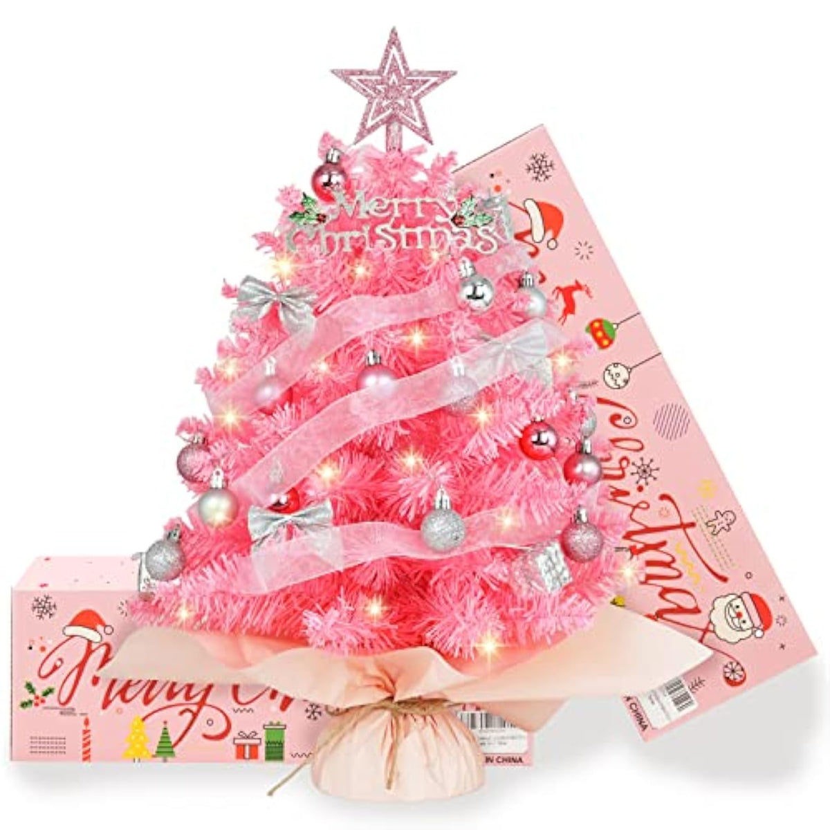20" Mini Pink Christmas Tree, Artificial Small Christmas Tree With Lights, Tabletop Christmas Tree With Star Treetop,Bow Boxes And Ball Ornaments For Diy Christmas Decoration (Pink)