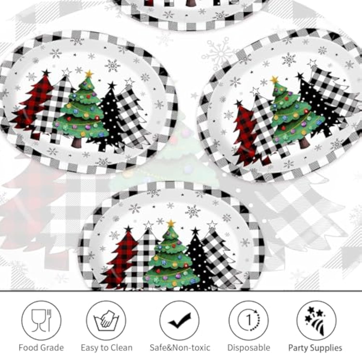 50Pcs Christmas Paper Plates Buffalo Plaid Christmas Trees Disposable Oval Plates 10" X 12" Heavy Duty 400Gsm Black White Buffalo Plaid Christmas Trees Dinner Plates For Merry Christmas Party Holiday
