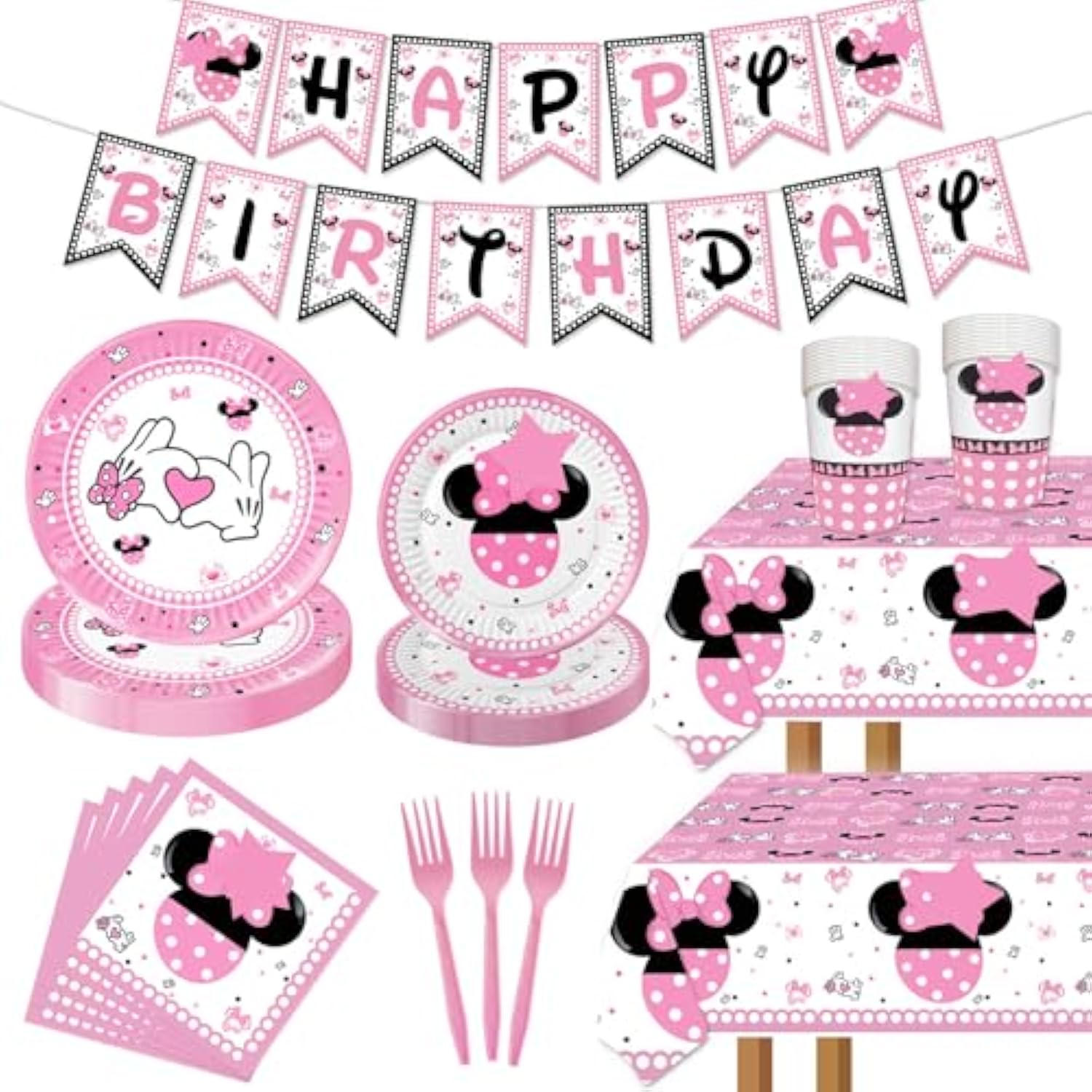 117 Pcs Pink Cartoon Party Dessert Plates Napkins Forks Tablecloth Cups Birthday Banner Tablecovers For Baby Shower Girls 1St 2Nd 3Rd 4Th 5Th Birthday Party Decorations Supplies - 20 Guests