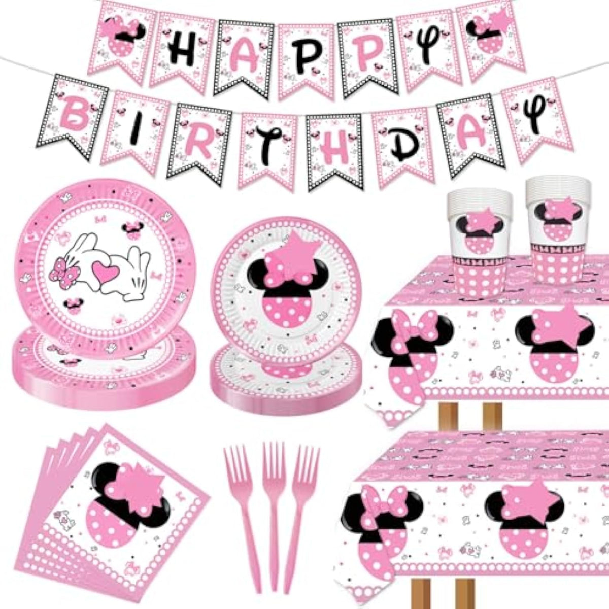 117 Pcs Pink Cartoon Party Dessert Plates Napkins Forks Tablecloth Cups Birthday Banner Tablecovers For Baby Shower Girls 1St 2Nd 3Rd 4Th 5Th Birthday Party Decorations Supplies - 20 Guests