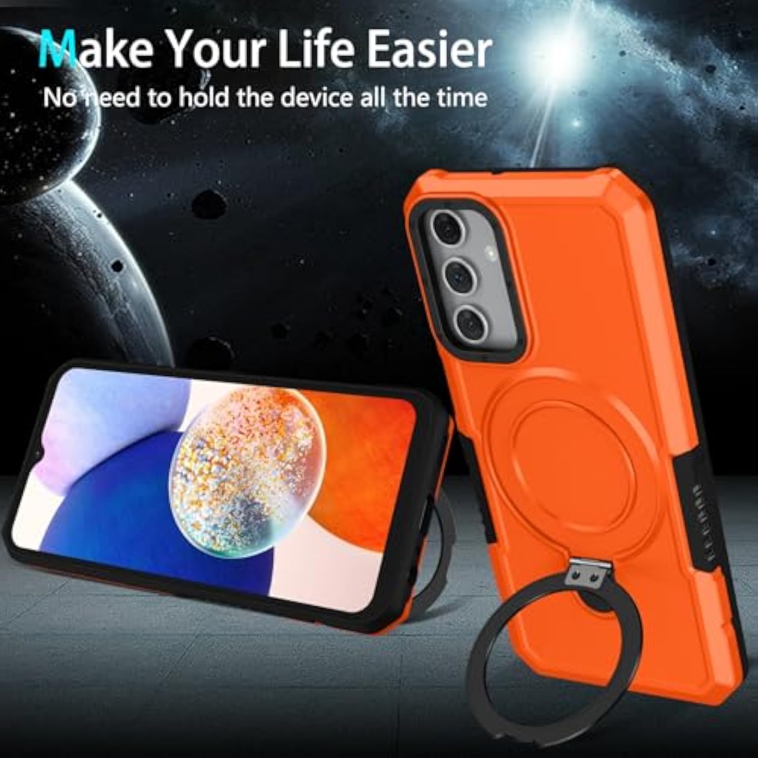 For Samsung Galaxy A16 5G Phone Case 2024 With Screen Protector, 360 Rotating Stand Heavy Protection Cover For Galaxy A 16 Phone, Orange