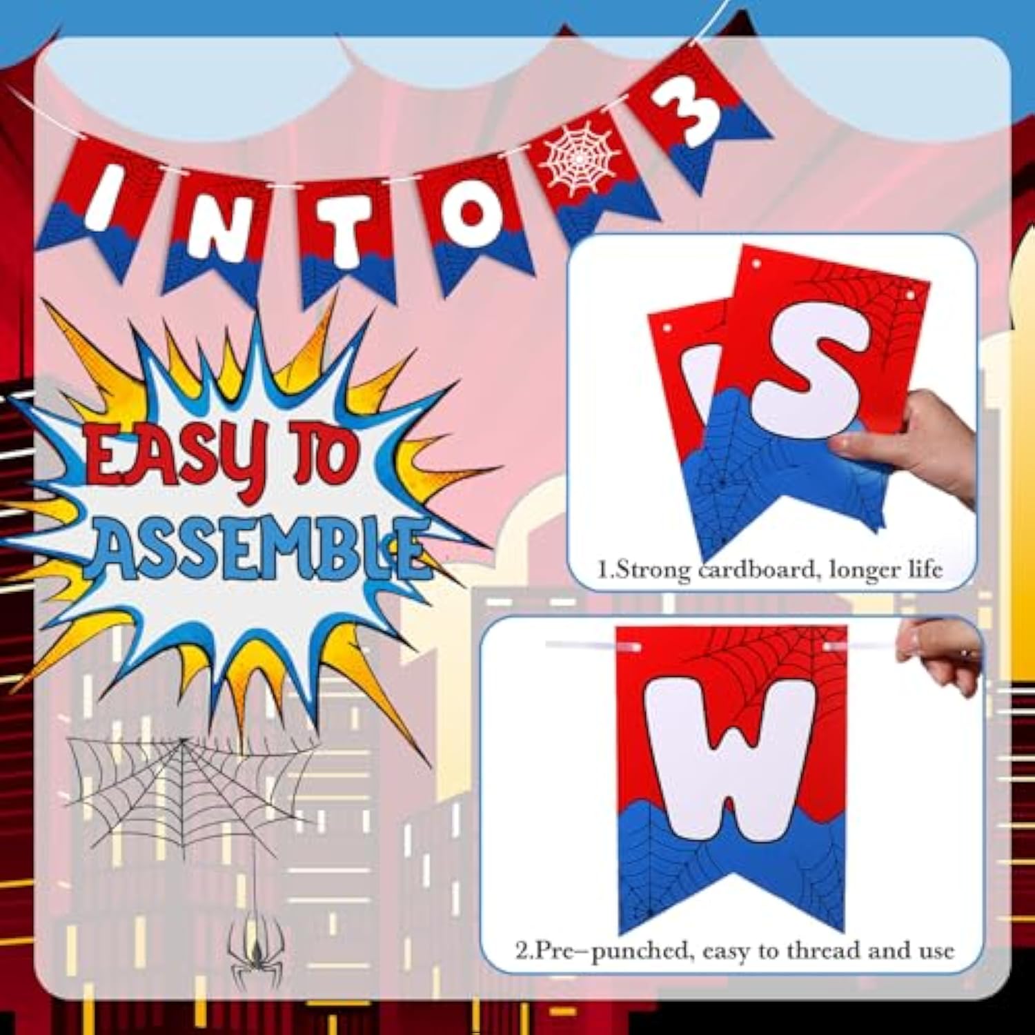 Spider Swinging Into 3 Birthday Banner, Spider Web Theme 3Rd Birthday Decorations Hanging Bunting Garland For Red Blue Cartoon Party Supplies