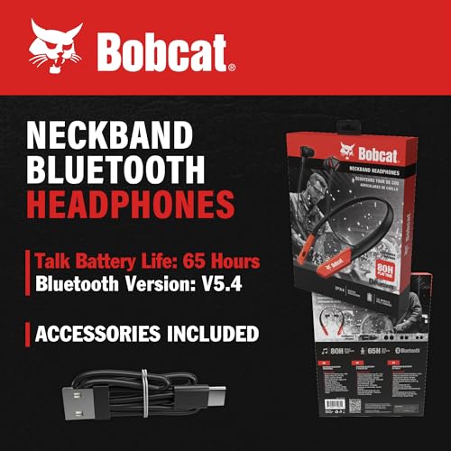 Bobcat Neckband Bluetooth Headphones - Earphones With Microphone, 80H Battery, Fast Charging - Ipx4 Sweatproof Sports Headphones For Running, Jobsite, Gym, And Workout