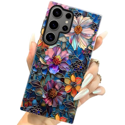 Case for Samsung Galaxy S24 Ultra,Colorful Floral Flower Art Phone Case Drop Resistant Glossy 2 in 1 Solid Dual-Layer Cover for Girl Women