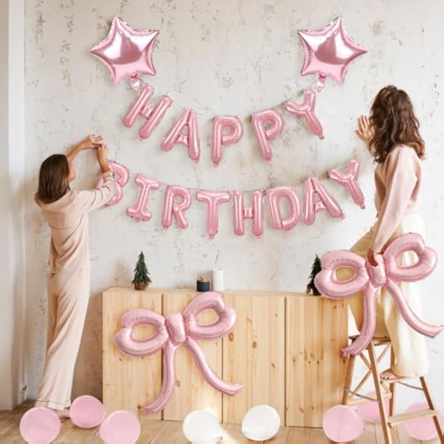 31pcs Pink Bow Birthday Decorations with Balloons & Banner for Girls Party