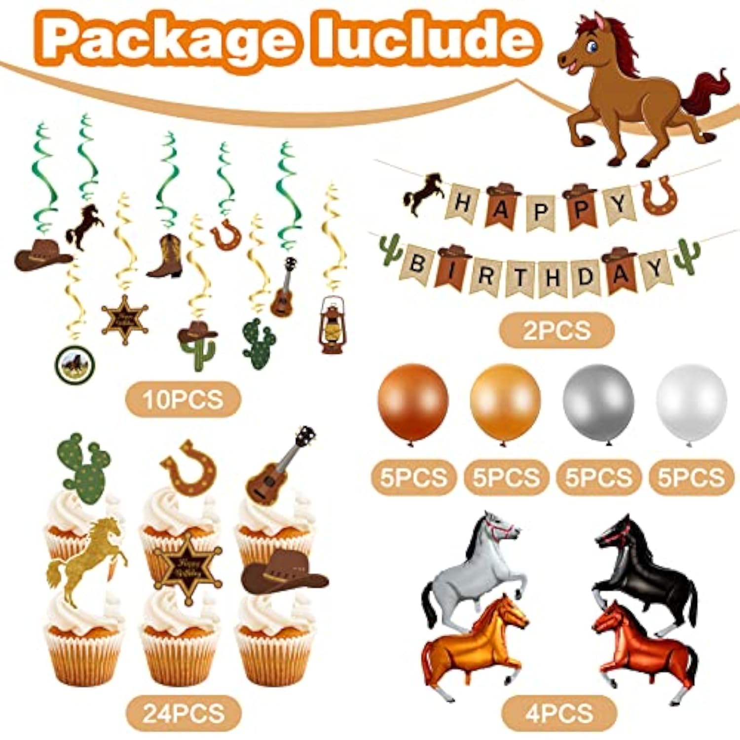 60 Pcs Western Cowboy Birthday Party Decoration, Rodeo Retro Theme Party Supplies Horse Balloons Happy Birthday Banner Cake Topper Hanging Swirls Balloons Kit Western Country Cowboy