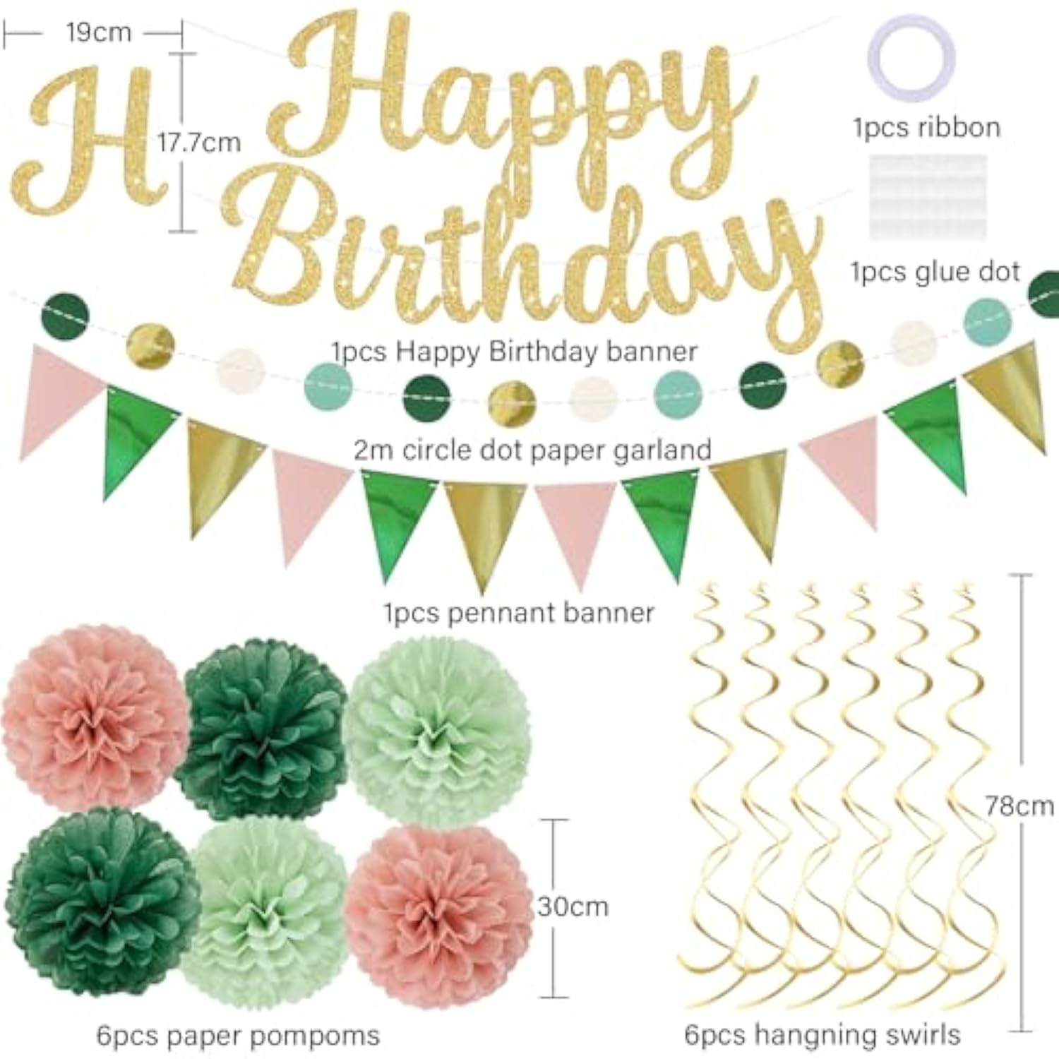 Sage Green Birthday Decorations, Banner, Pompoms, Swirls, Dots Garland, Pennant Flags